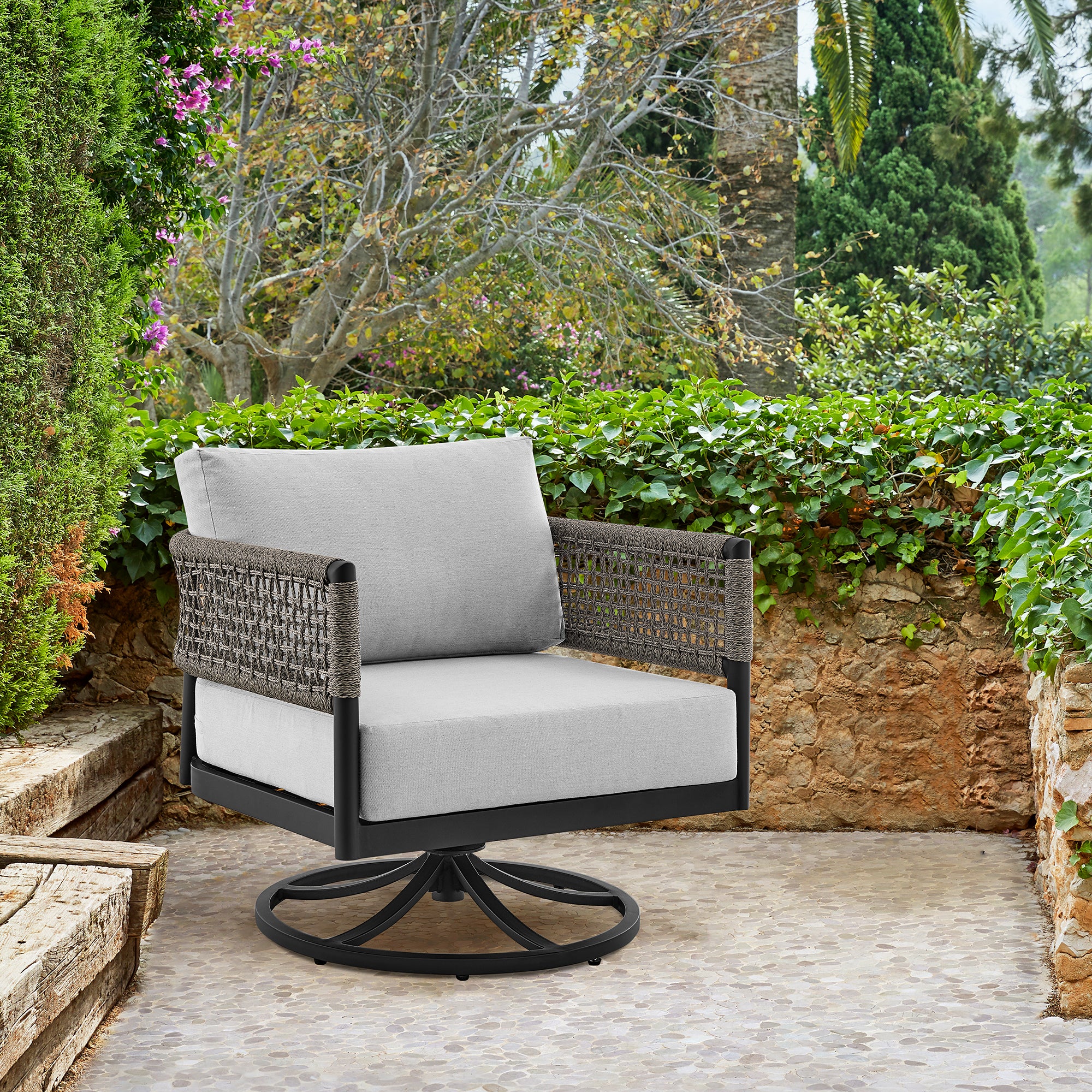 Alegria Outdoor Patio Swivel Rocking Chair in Black Aluminum and