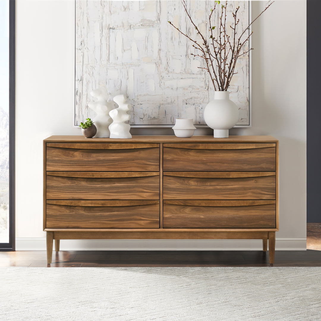 amiliya modern solid wood detailed 6-drawer dresser Amerlife Grayon Fluted 6-Drawer Wide Dresser with Pine Handles Dark Walnut