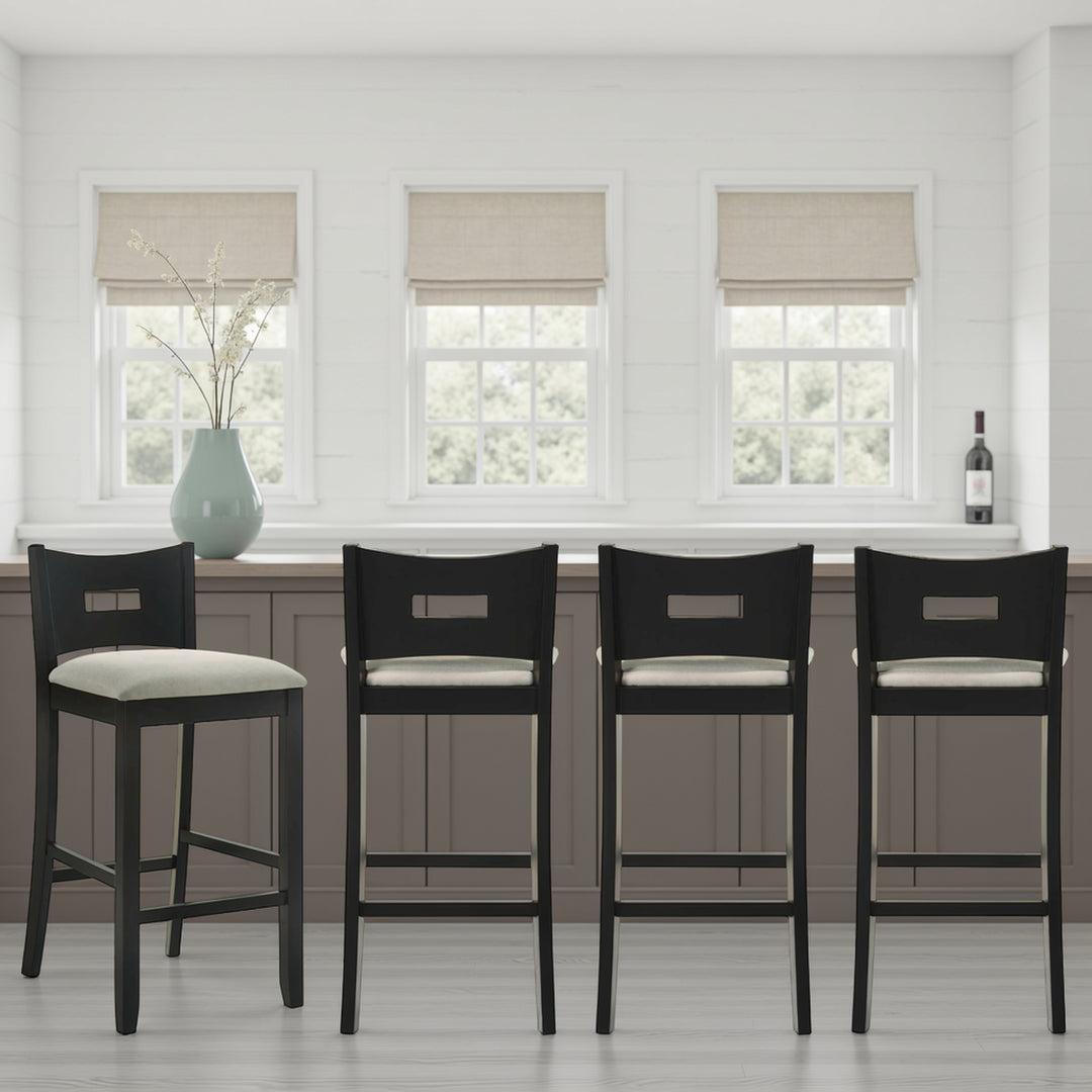 Ren 30 in. Matte Black Bar Height Rubberwood Barstool with Fog Fabric Seat - Set of 4