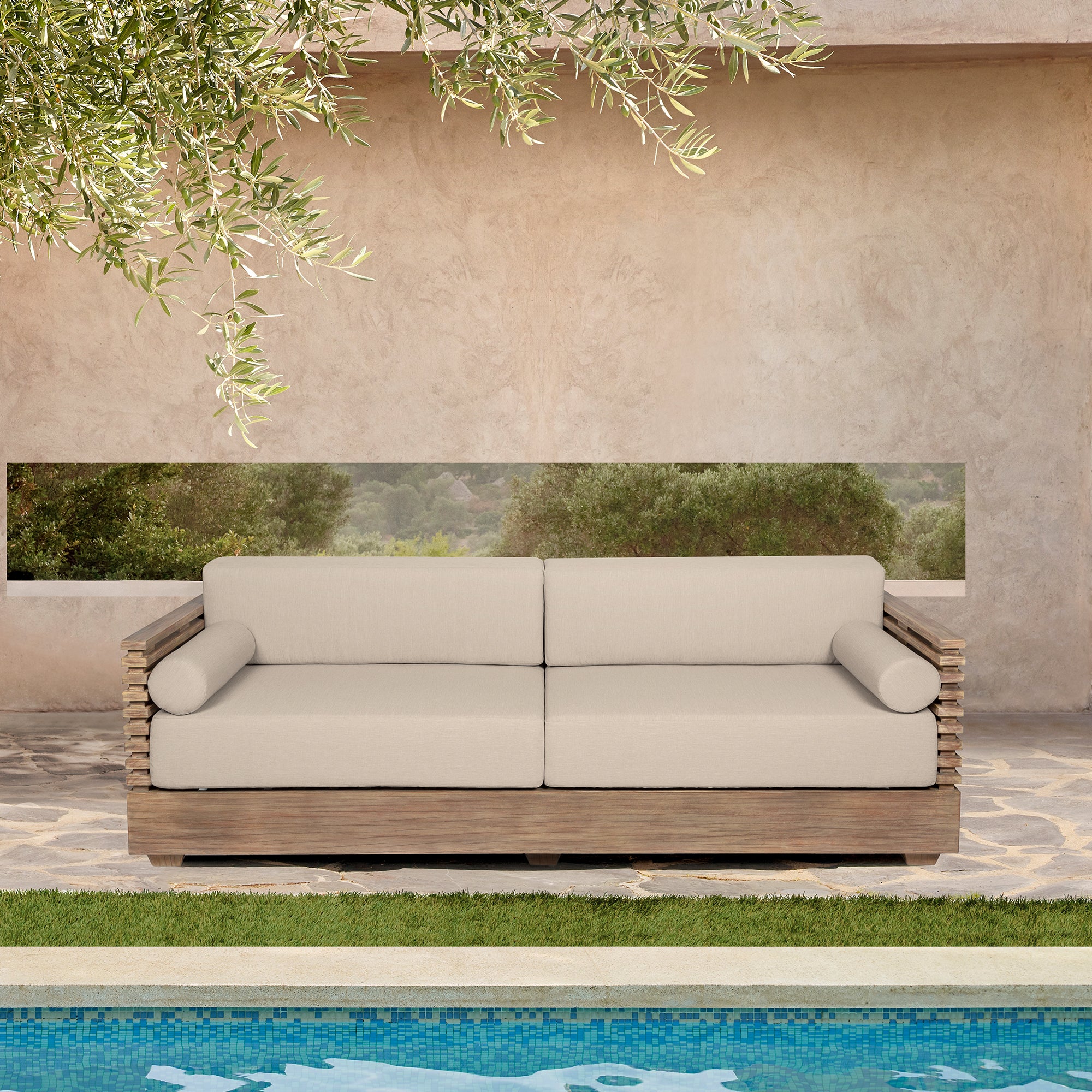 Vivid Outdoor Patio Sofa in Gray Eucalyptus Wood with Gray Olefin