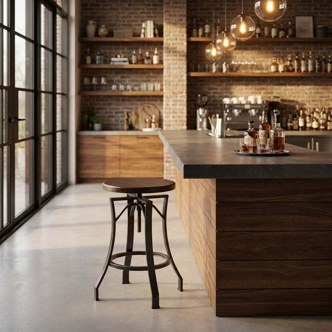 Tan bar stool with black legs on a white background