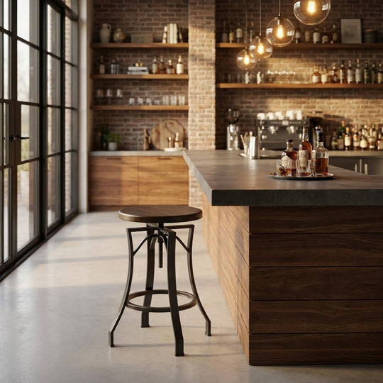 Tan bar stool with black legs on a white background