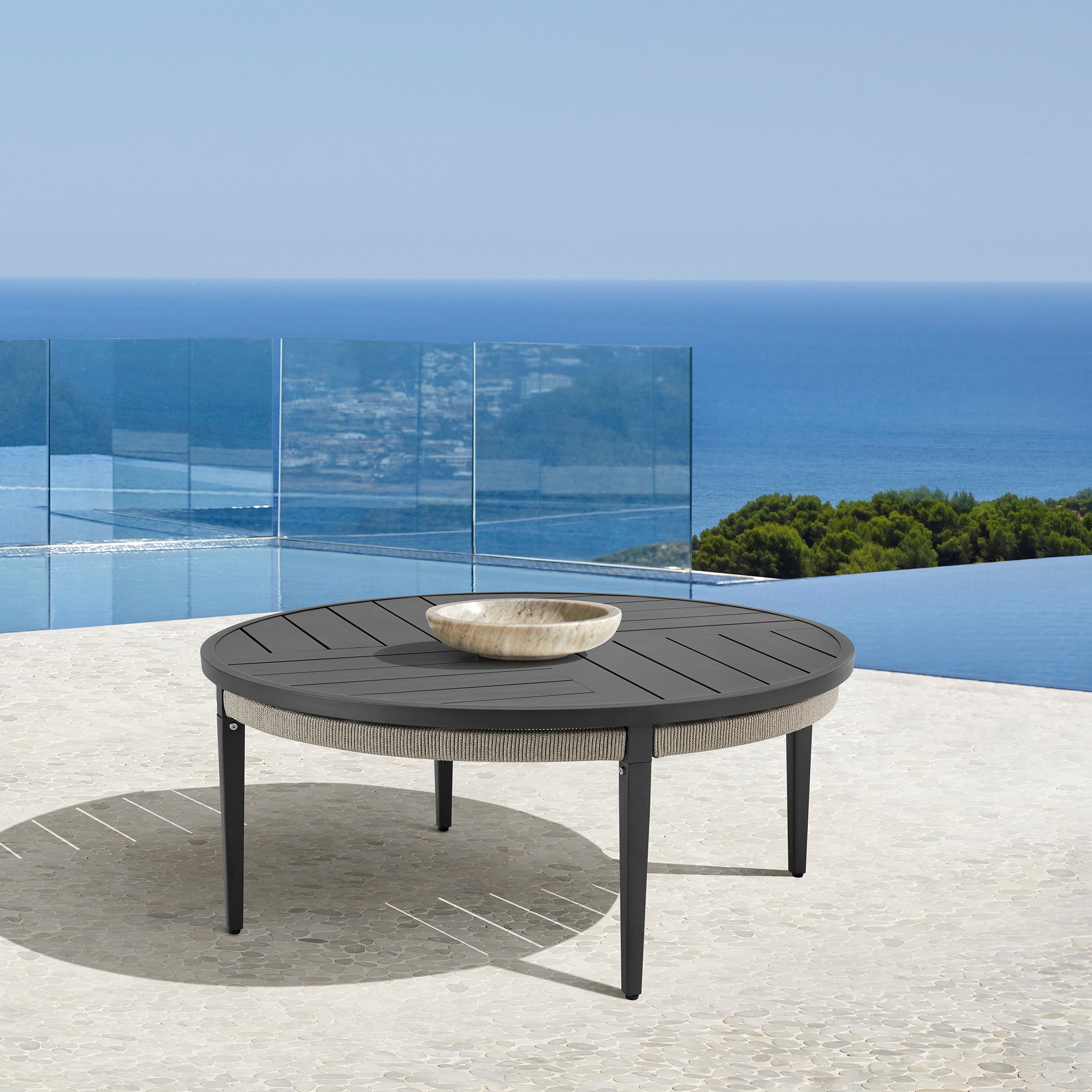 Zella Round Coffee Table in Aluminum with Charcoal Finish and Zella Round Coffee Table in Aluminum with Charcoal Finish and
