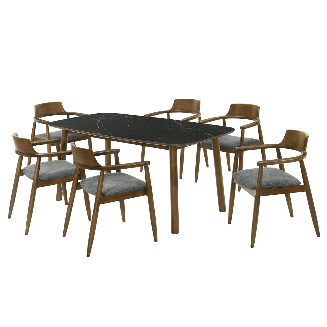 Emorie Mid-Century Modern 7-Piece Wood Dining Set in Walnut Finish with Sintered Stone Top