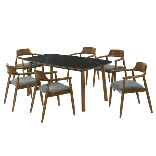 Emorie Mid-Century Modern 7-Piece Wood Dining Set in Walnut Finish with Sintered Stone Top