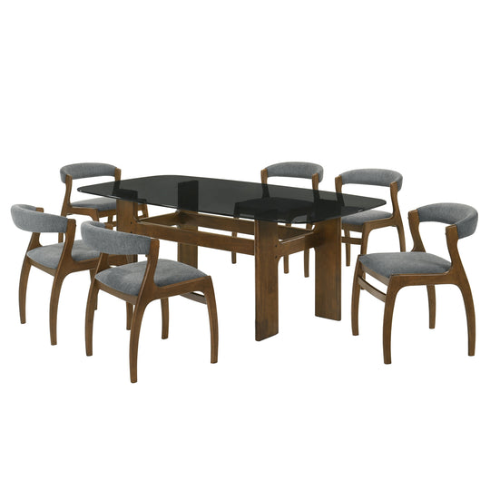 Ileena Mid-Century Modern 7-Piece Wood Dining Set in Walnut with Tempered Glass Top