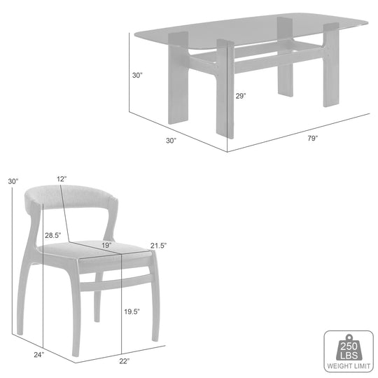 Ileena Mid-Century Modern 7-Piece Wood Dining Set in Walnut with Tempered Glass Top