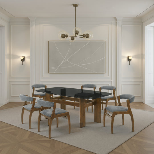 Ileena Mid-Century Modern 7-Piece Wood Dining Set in Walnut with Tempered Glass Top