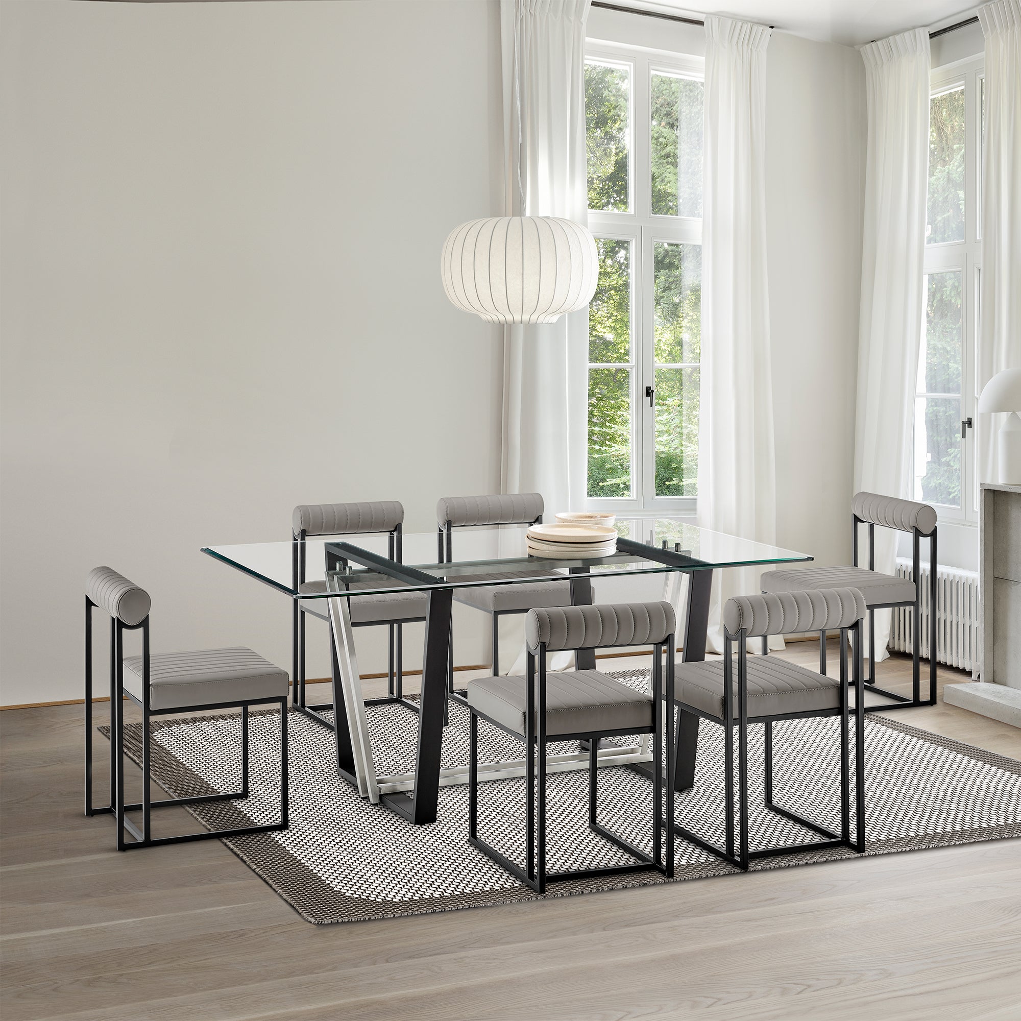 希少　南部箪笥　ローアームチェア　アームチェア　座椅子　高級家具　IN Kai Anastasia 7 Piece Rectangular Glass Dining Table Set with