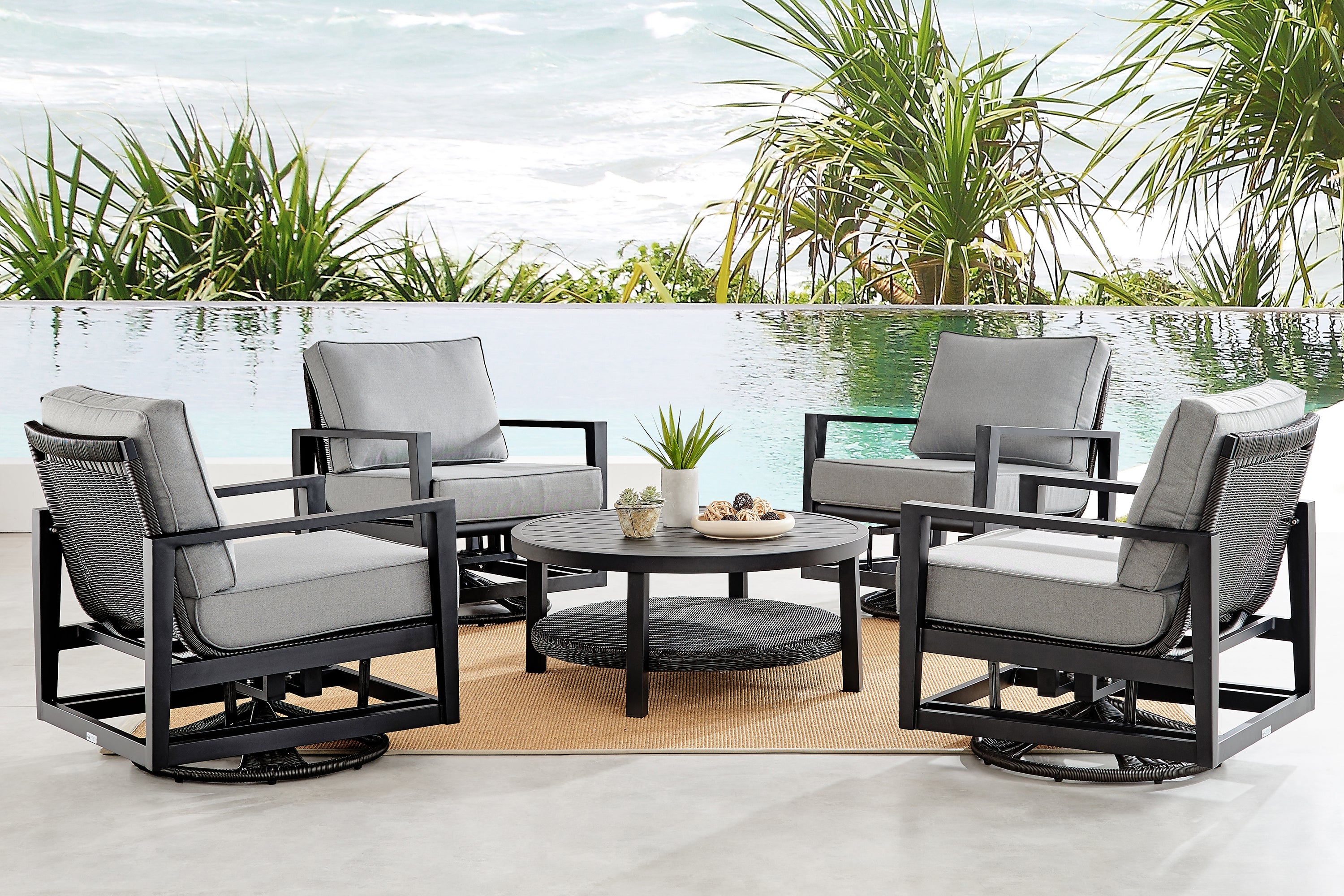 Cayman 5 Piece Black Aluminum Outdoor Seating Set with Dark Gray